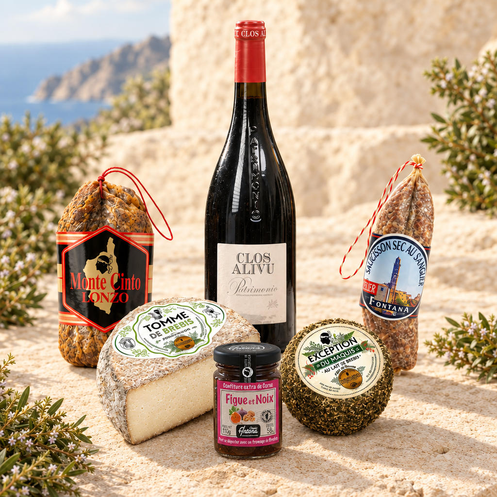 Box Corse : charcuteries, deux fromages, Patrimonio et pot de confiture Figue et Noix Charles Antona 110 g offert