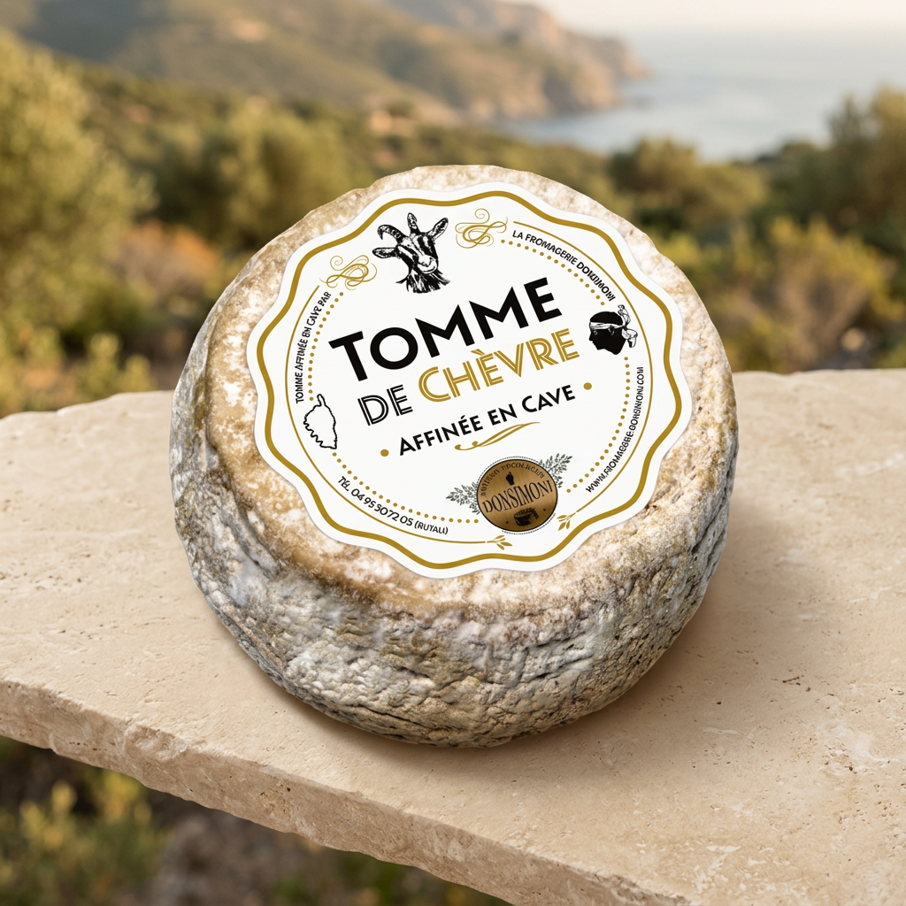 Tomme de chèvre Donsimoni sur pierre claire avec fond de maquis