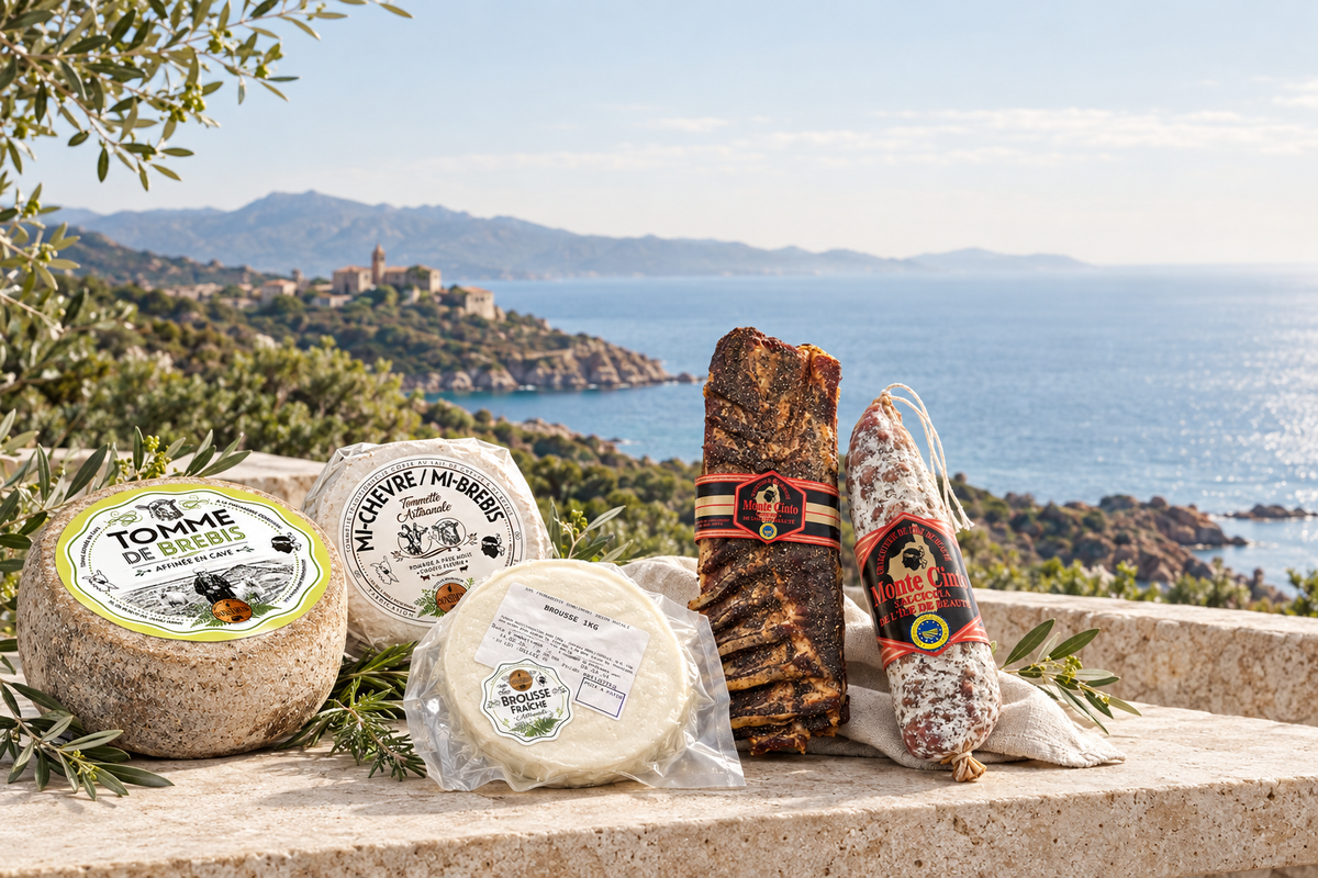 La Box Corse : lonzo, saucisson au sanglier, fromages de brebis et fromage au lait de Chèvre & Brebis.
